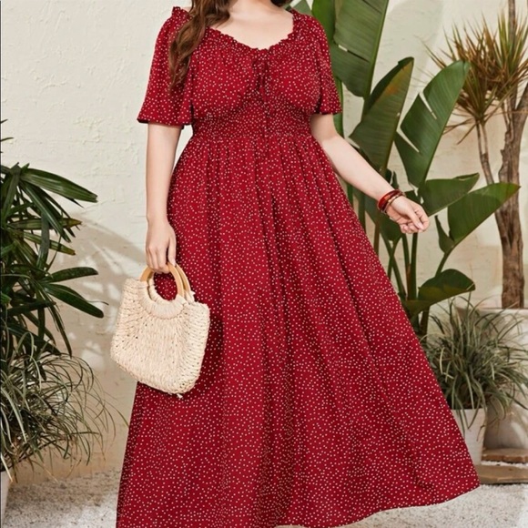 Plus Size Polk Dots Shirred Waist Tie Front Maxi Dress - Picture 2 of 6